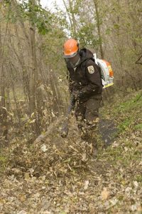 Image is a man using a leaf blower.