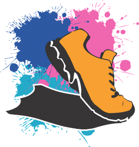 Image is a cartoon illustration of an orange running shoe with blue and pink splotches behind it.