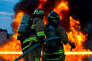 Image is of two firefighters holding a hose and standing in front of a fire.