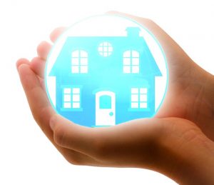 Image is an illustration of a house sitting in a protective bubble in someone's hands.