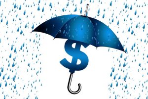 Image is a drawing of an umbrella keeping rain off of a dollar sign.