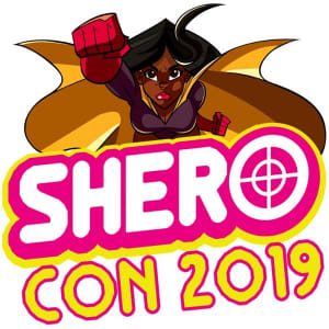 Image is the SheroCon emblem featuring a female superhero flying over the word shero.