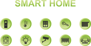 Image is the word Smart Home with symbols of smart technology in bubbles under it.