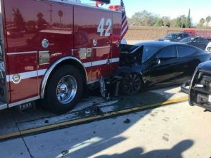 Image is a picture of the crash between a Tesla and Culver City Fire Department Fire Engine 42.  Curtesy of CCFD.