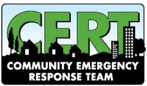 Image is the CERT logo--Green letters against a backdrop of black homes with the words community emergency response team under it.